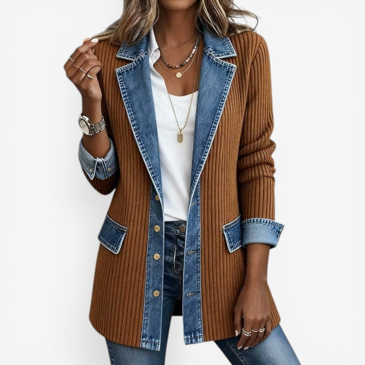 Women's Denim Cardigan Jacket | Lapel Button Knit Layer Side