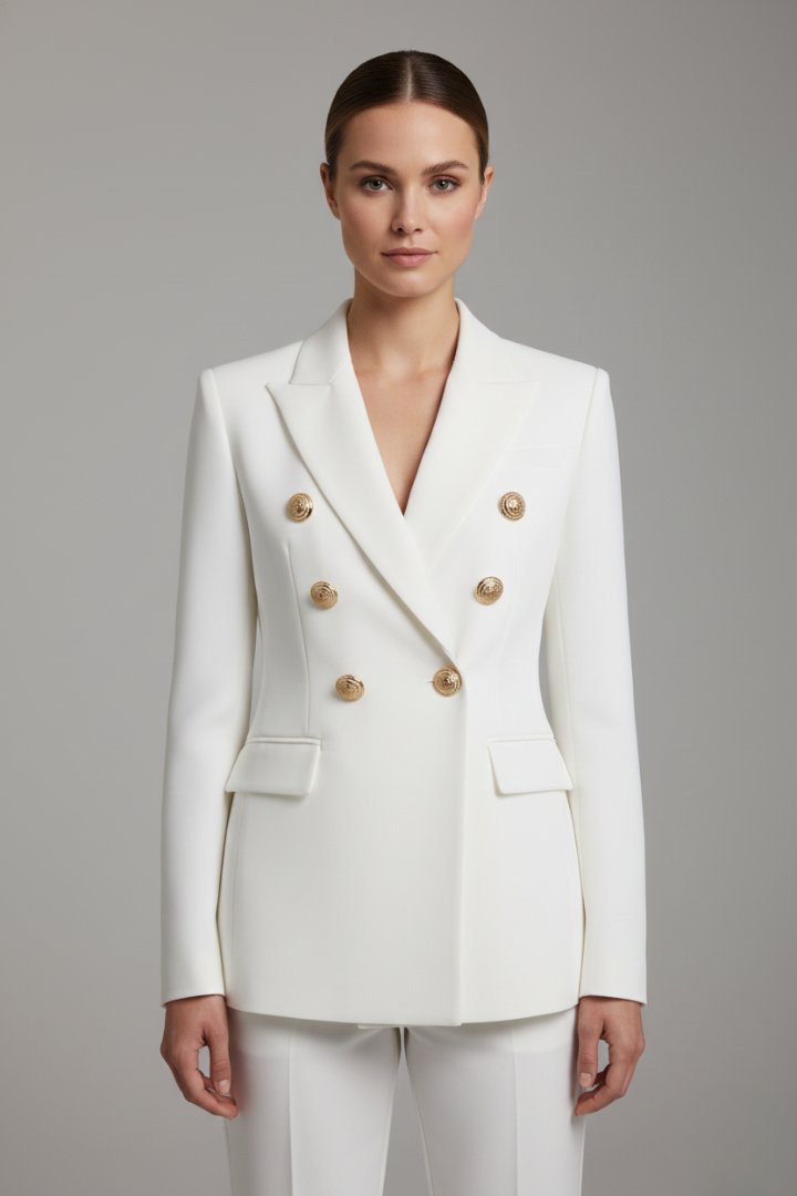 Women's Double-Breasted Blazer | Gold Button Tailored Fit Close Up