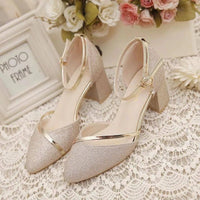 Women's Elegant Block Heel Sandals | Glitter Ankle Strap Side