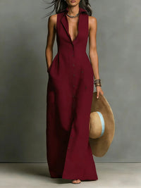 Women's Elegant Lapel Shirt Maxi Dress | Button-Front Front