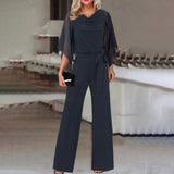 Combinaison élégante pour femme à jambes larges | Manches drapées style cape