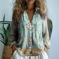 Women's Embroidered V-Neck Blouse | Long Sleeve Loose Fit Back