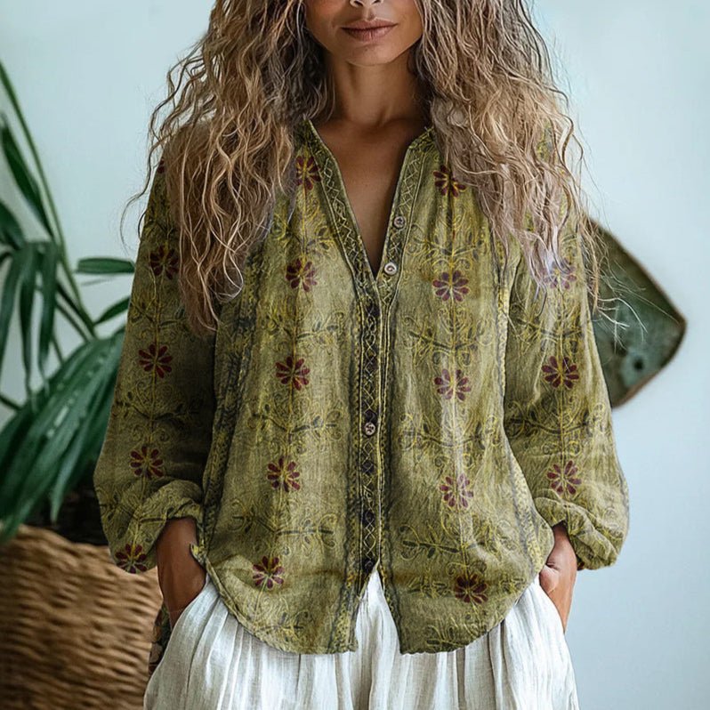 Women's Embroidered V-Neck Blouse | Long Sleeve Loose Fit Detail