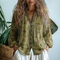 Women's Embroidered V-Neck Blouse | Long Sleeve Loose Fit Detail