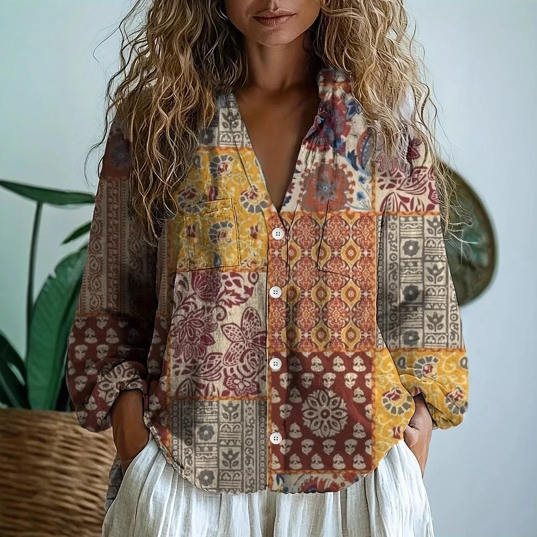 Women's Embroidered V-Neck Blouse | Long Sleeve Loose Fit Lifestyle