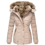Parka acolchada de invierno para mujer con capucha de piel sintética | mezcla de lana y algodón