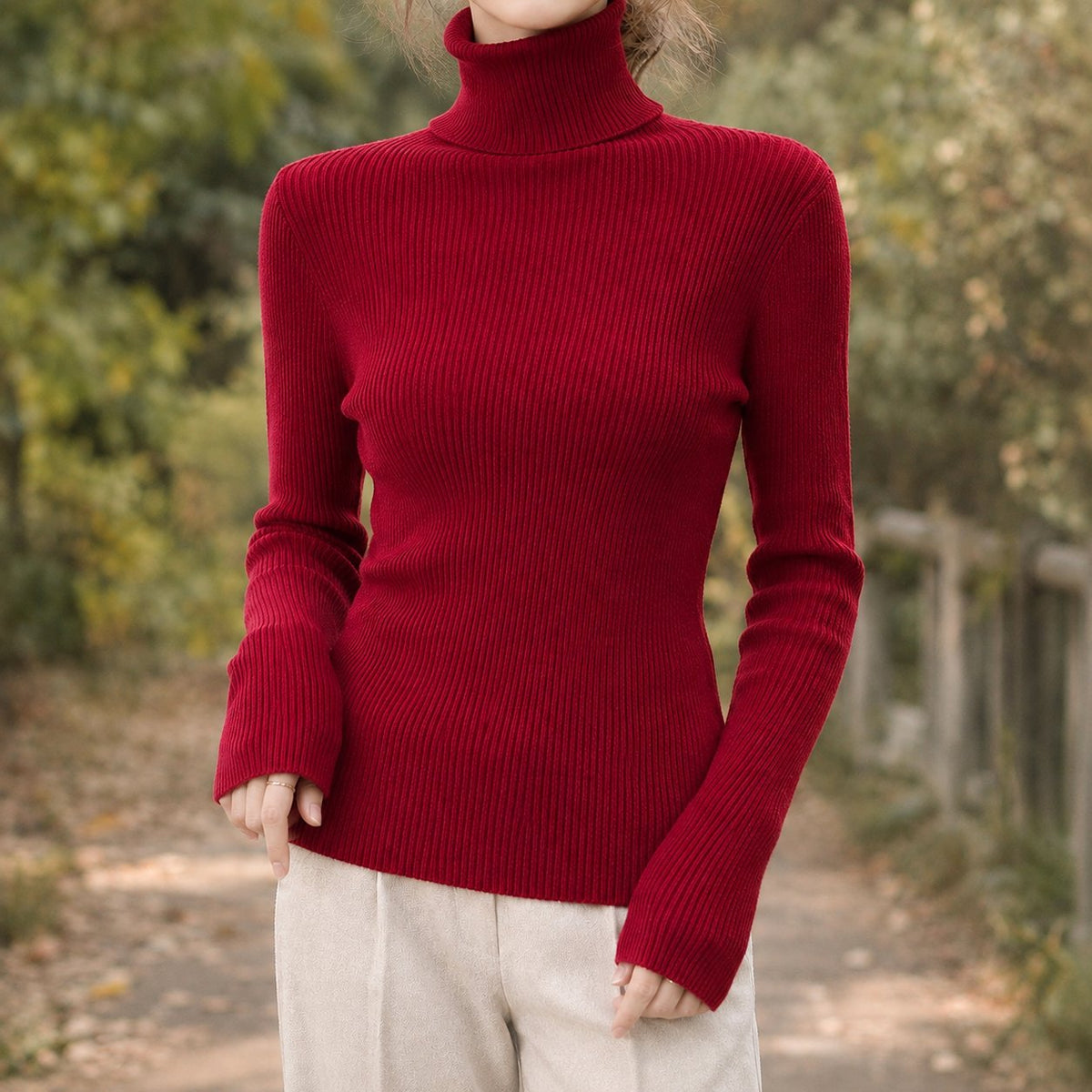 Women's Fitted Turtleneck Sweater | Ribbed Knit Close Fit Back