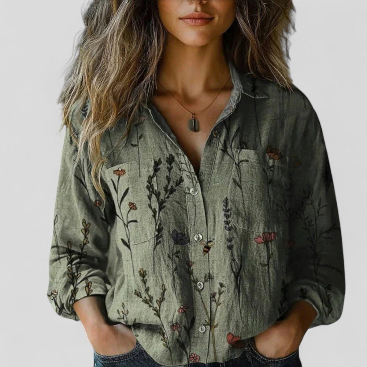 Women's Floral Button Down Shirt | Three-Quarter Sleeve Side