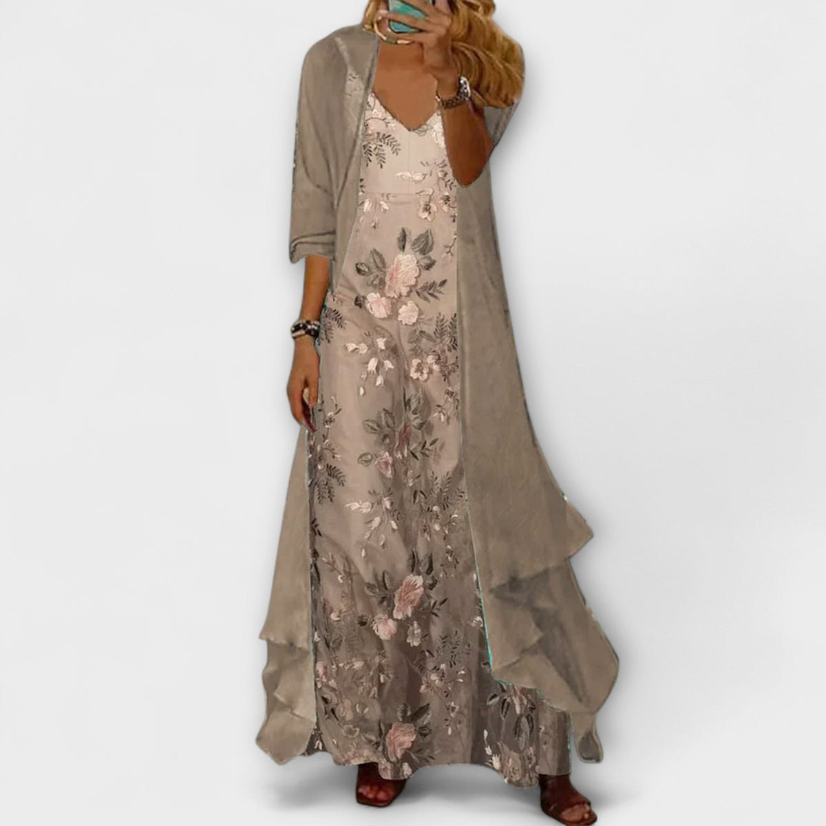 Women's Floral Maxi Dress Set | V-Neck Cardigan Two-Piece Hero