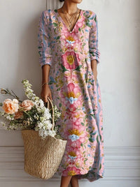 Women's Floral Midi Dress | V-Neck Long Sleeve A-Line Back