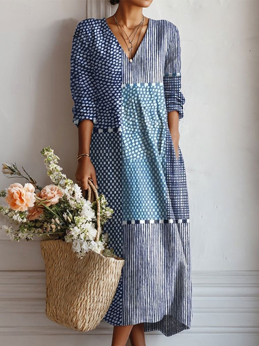 Women's Floral Midi Dress | V-Neck Long Sleeve A-Line Close Up