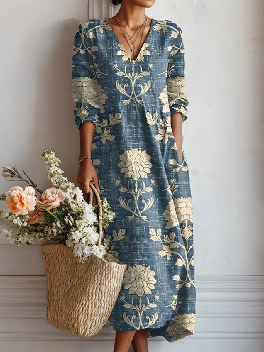 Women's Floral Midi Dress | V-Neck Long Sleeve A-Line Detail