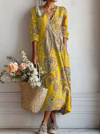 Women's Floral Midi Dress | V-Neck Long Sleeve A-Line Front