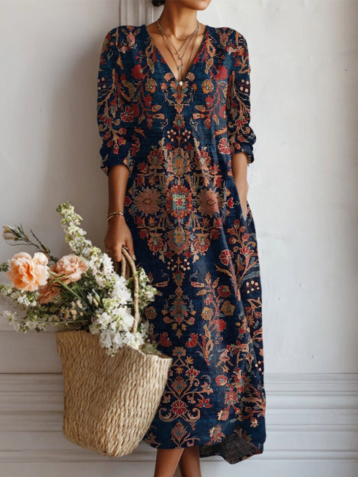 Women's Floral Midi Dress | V-Neck Long Sleeve A-Line Side