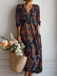 Women's Floral Midi Dress | V-Neck Long Sleeve A-Line Side
