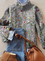 Suéter de punto acanalado floral para mujer | Top bordado con cuello redondo