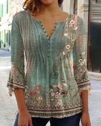 Women's Floral Three-Quarter Sleeve Blouse | Button-Up V-Neck Alternate