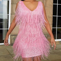 Women's Fringe Detail Party Mini Dress | V Neck Night Out Alternate
