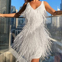 Women's Fringe Detail Party Mini Dress | V Neck Night Out Close Up