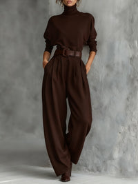 Women's High-Neck Wide Leg Jumpsuit Set | Belted One-Piece Back