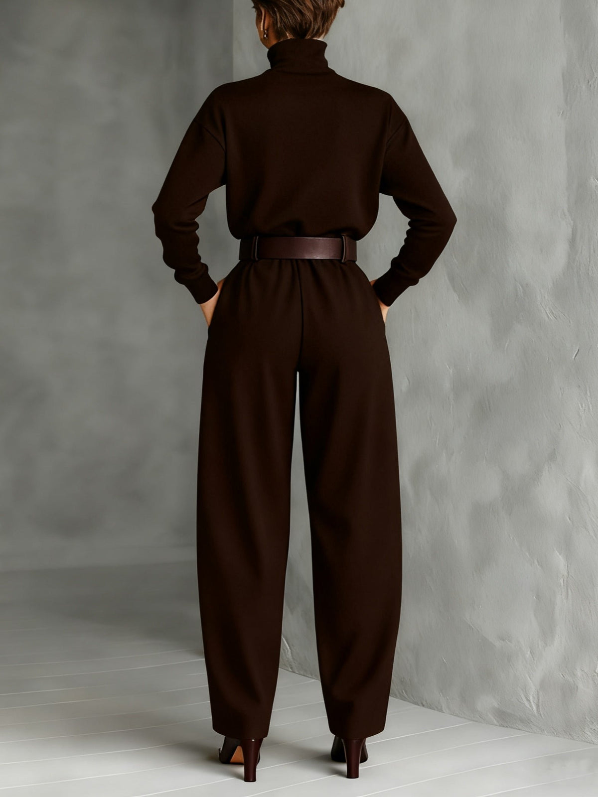 Women's High-Neck Wide Leg Jumpsuit Set | Belted One-Piece Close Up