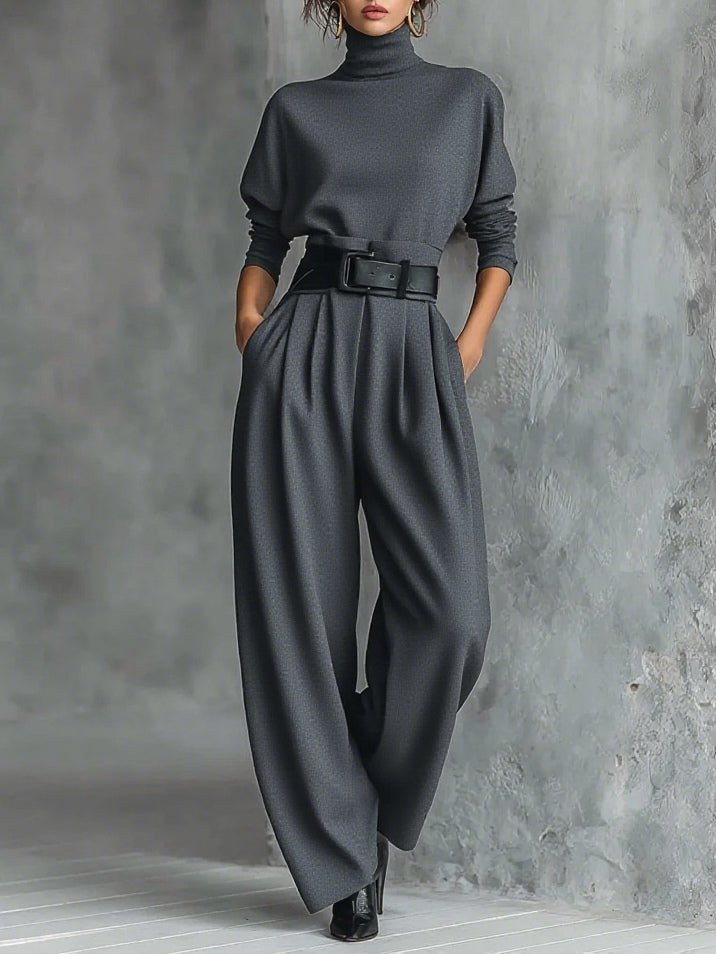 Women's High-Neck Wide Leg Jumpsuit Set | Belted One-Piece Lifestyle