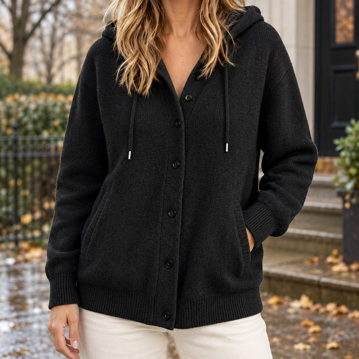 Women's Hooded Cardigan Sweater | Drawcord Knit Layer Hero