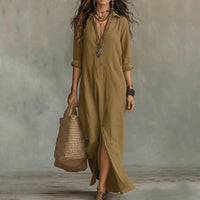Women's Linen Long Shirt Dress | V-Neck Maxi Back