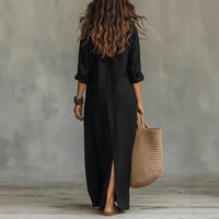 Women's Linen Long Shirt Dress | V-Neck Maxi Detail