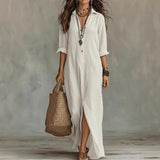 Vestido largo de camisa de lino para mujer | Maxi con escote en V