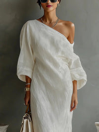 Women's Linen One Shoulder Dress | Asymmetric Hem Front