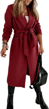 Women's Long Belted Wool Coat | Wide Lapel Everyday Layer Angle
