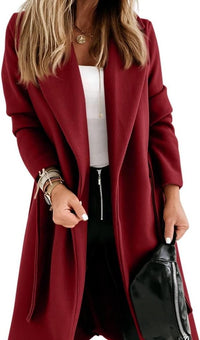 Women's Long Belted Wool Coat | Wide Lapel Everyday Layer Close Up