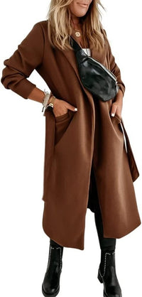 Women's Long Belted Wool Coat | Wide Lapel Everyday Layer Side