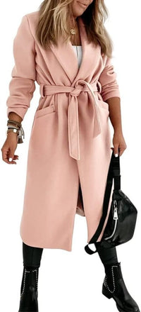 Women's Long Belted Wool Coat | Wide Lapel Everyday Layer View 13