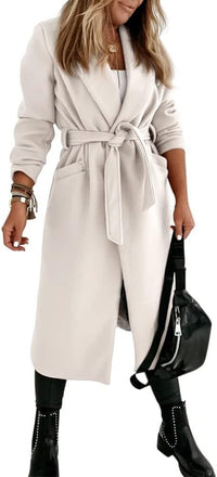 Women's Long Belted Wool Coat | Wide Lapel Everyday Layer View 18