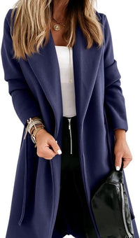 Women's Long Belted Wool Coat | Wide Lapel Everyday Layer View 21