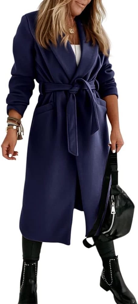 Women's Long Belted Wool Coat | Wide Lapel Everyday Layer View 23
