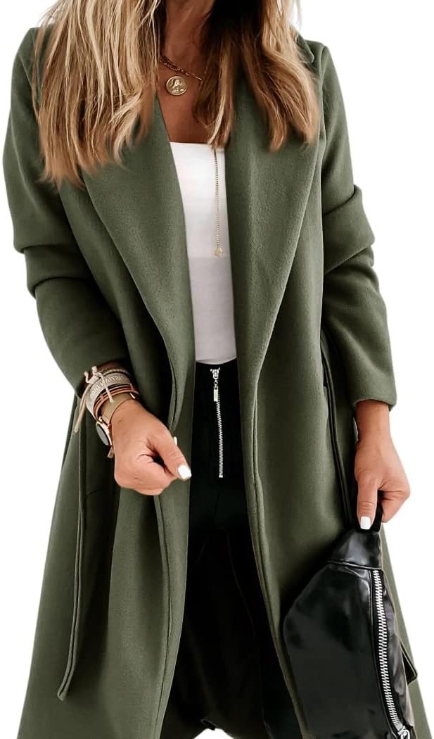 Women's Long Belted Wool Coat | Wide Lapel Everyday Layer View 26