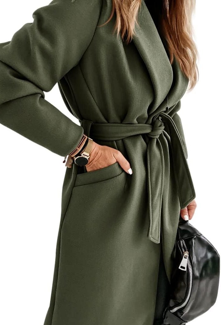 Women's Long Belted Wool Coat | Wide Lapel Everyday Layer View 27