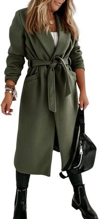 Women's Long Belted Wool Coat | Wide Lapel Everyday Layer View 28