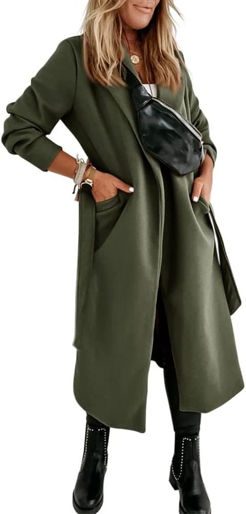 Women's Long Belted Wool Coat | Wide Lapel Everyday Layer View 29