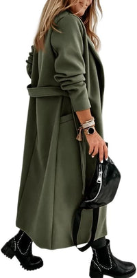 Women's Long Belted Wool Coat | Wide Lapel Everyday Layer View 30