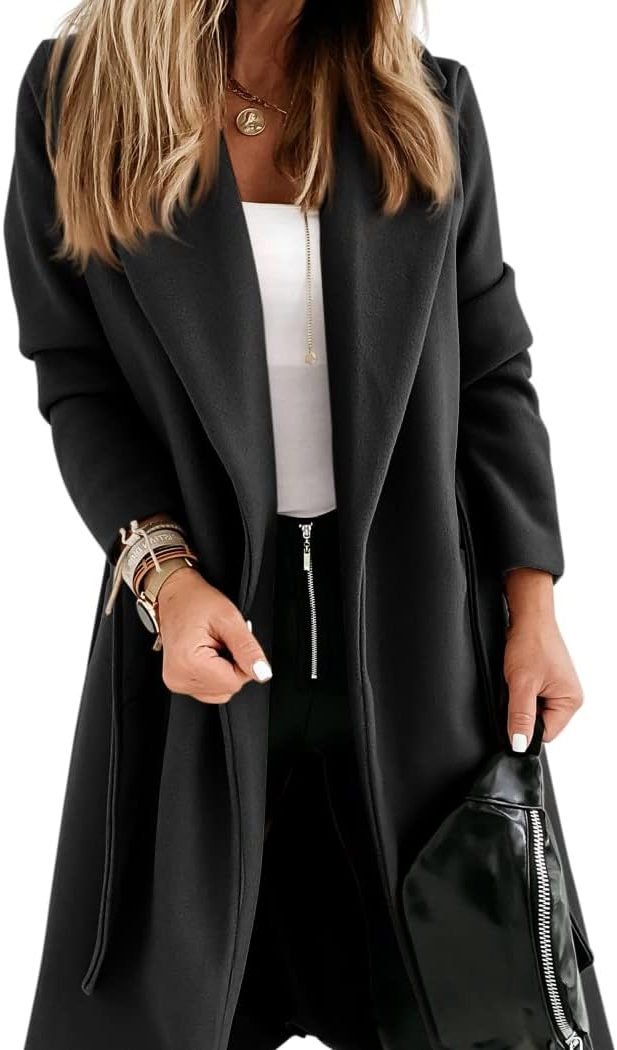 Women's Long Belted Wool Coat | Wide Lapel Everyday Layer View 31