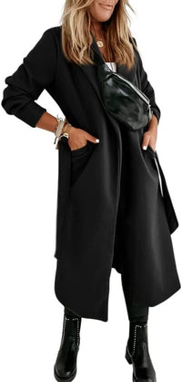 Women's Long Belted Wool Coat | Wide Lapel Everyday Layer View 34