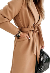 Women's Long Belted Wool Coat | Wide Lapel Everyday Layer View 37