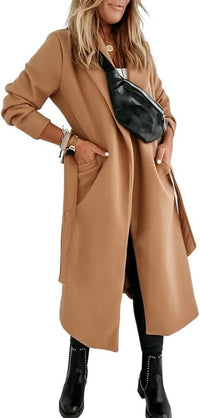 Women's Long Belted Wool Coat | Wide Lapel Everyday Layer View 39