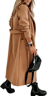 Women's Long Belted Wool Coat | Wide Lapel Everyday Layer View 40