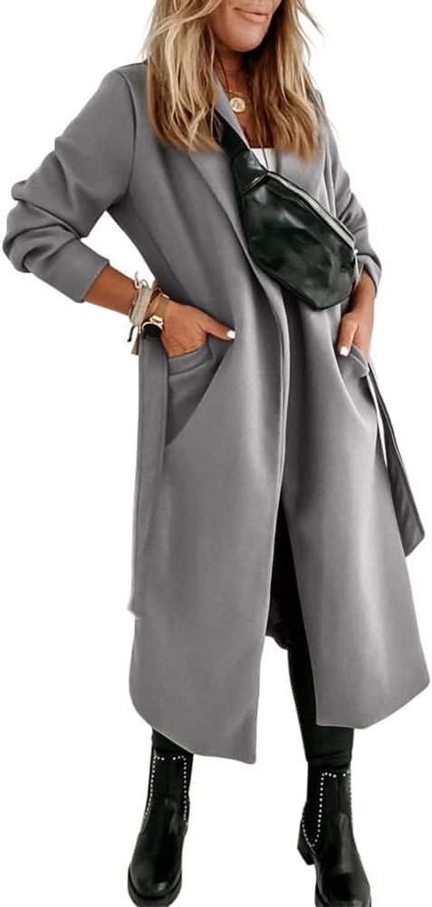 Women's Long Belted Wool Coat | Wide Lapel Everyday Layer View 45