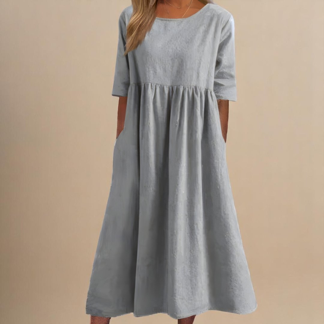 Women's Paisley Linen Midi Dress | Gathered Waist Casual Fit Angle